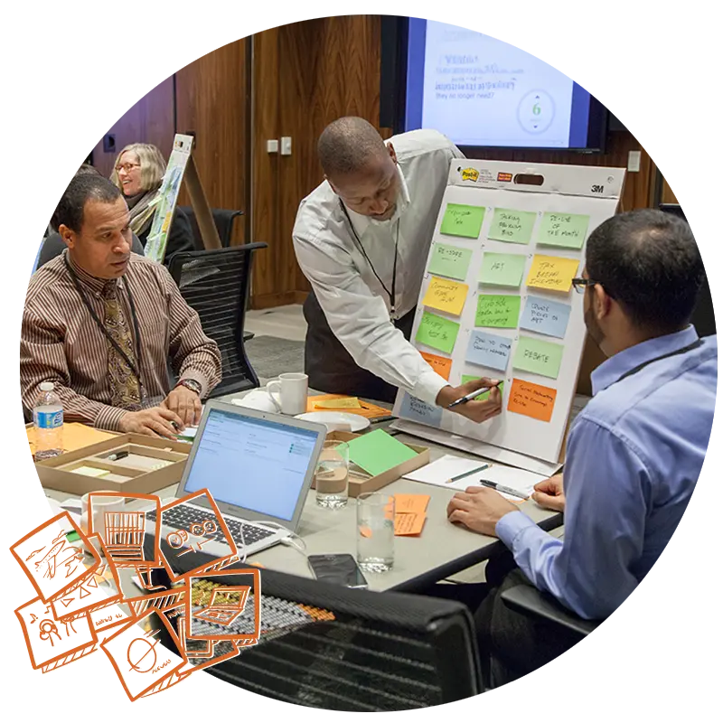 Participants collaborating and generating insights on sticky notes in an ExperienceInnovation™ | Learn workshop.